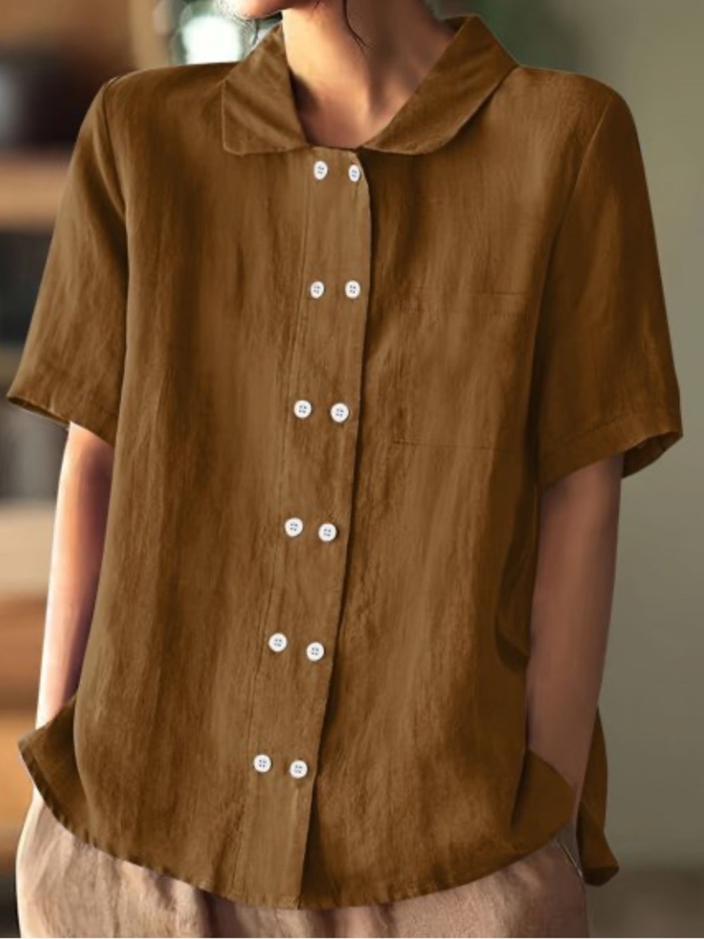 Classic Short-Sleeve Button Front Top in Brown